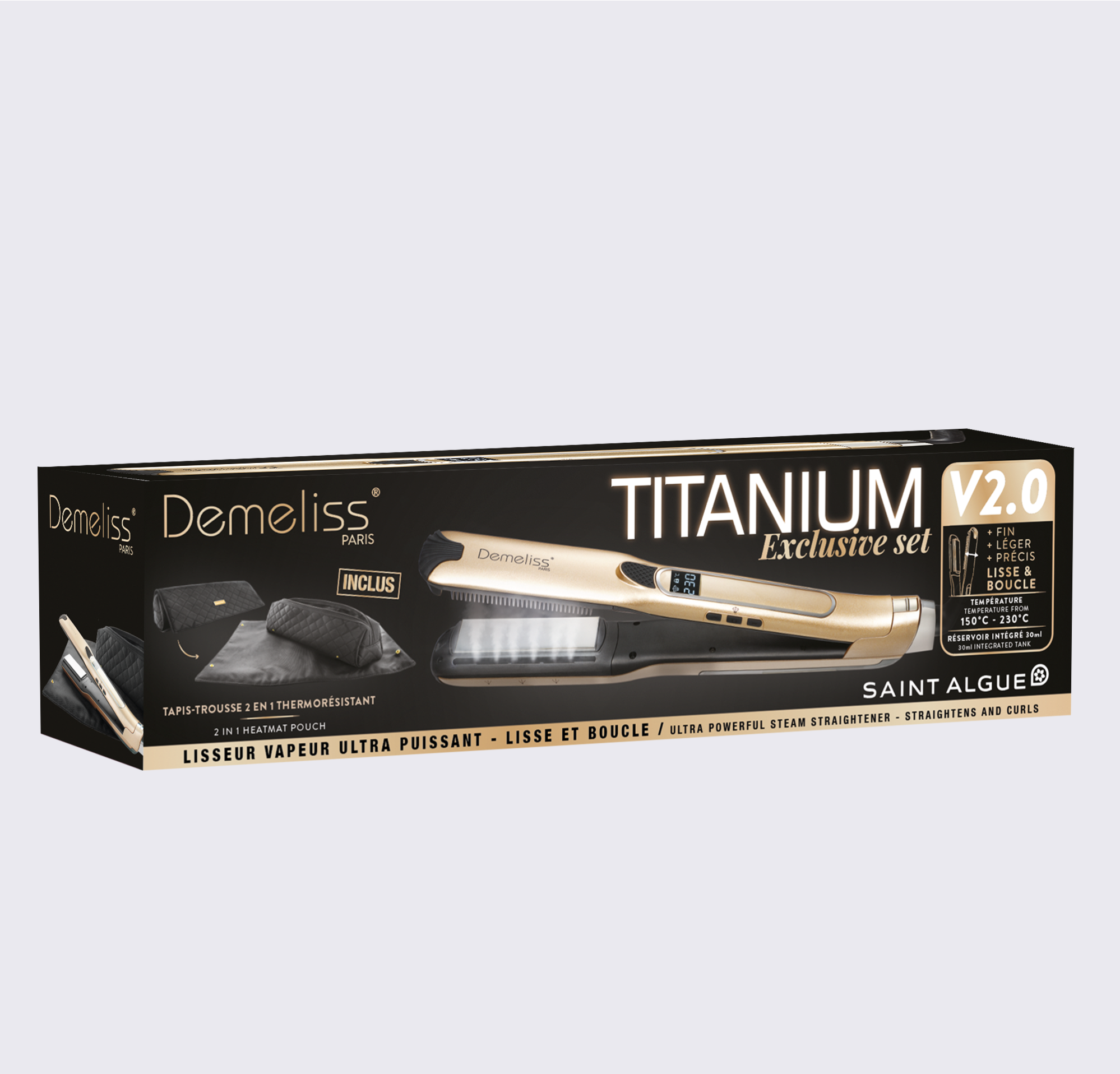 Vous en rêviez ? Il existe désormais ! L'édition 2.0 du lisseur vapeur Demeliss TITANIUM est désormais disponible ! Plus léger, plus fin, plus ergonomique, cette nouvelle version de notre best-seller lisse efficacement dès la racine, idéal pour le travail des cheveux courts, et réalise facilement de sublimes ondulations. Ce coffret exclusif est l'idée de cadeau idéal et comprend une trousse de rangement.