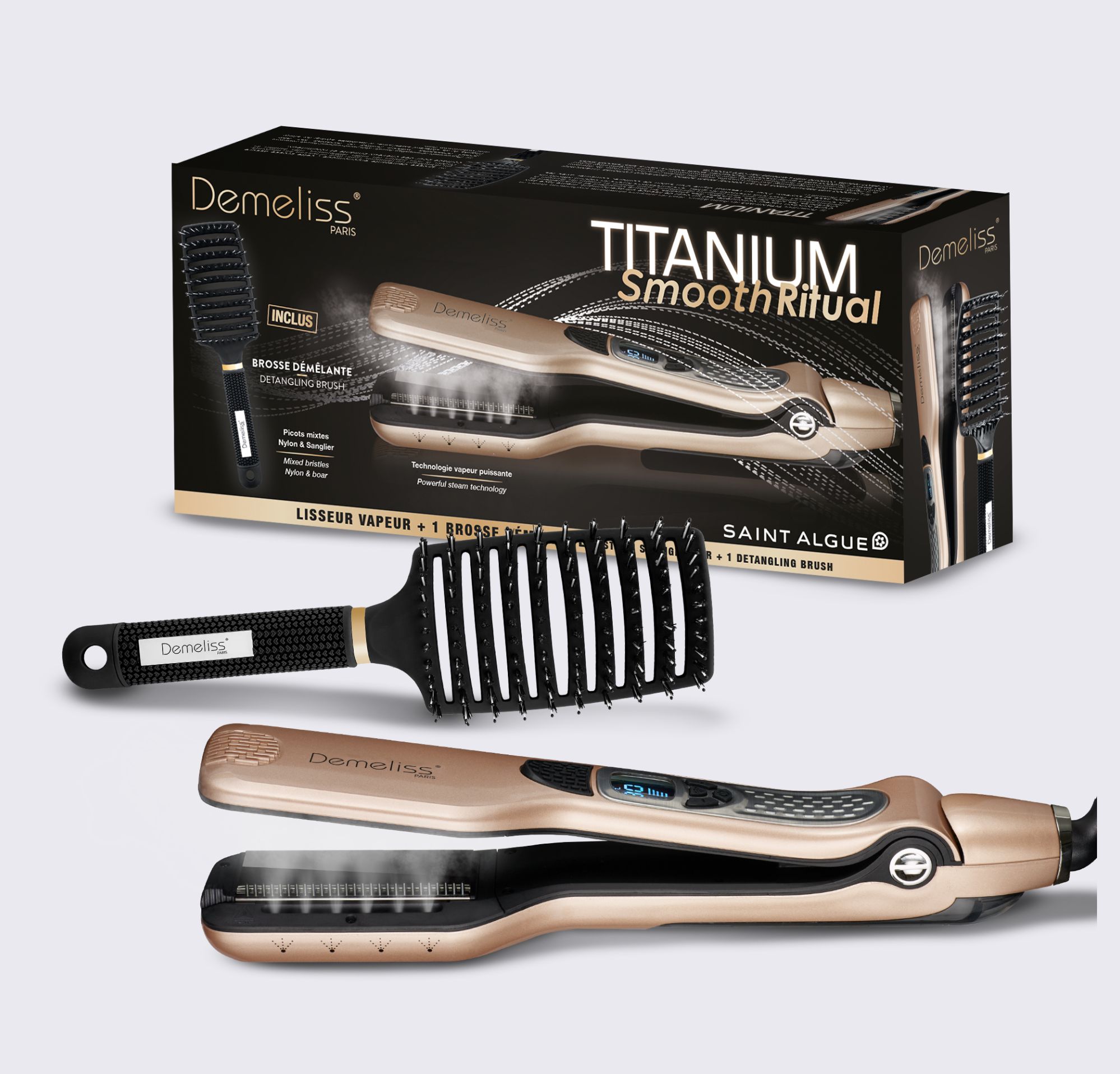lisseur titanium ultra efficace dans un coffret cadeau avec une brosse paddle démêlante